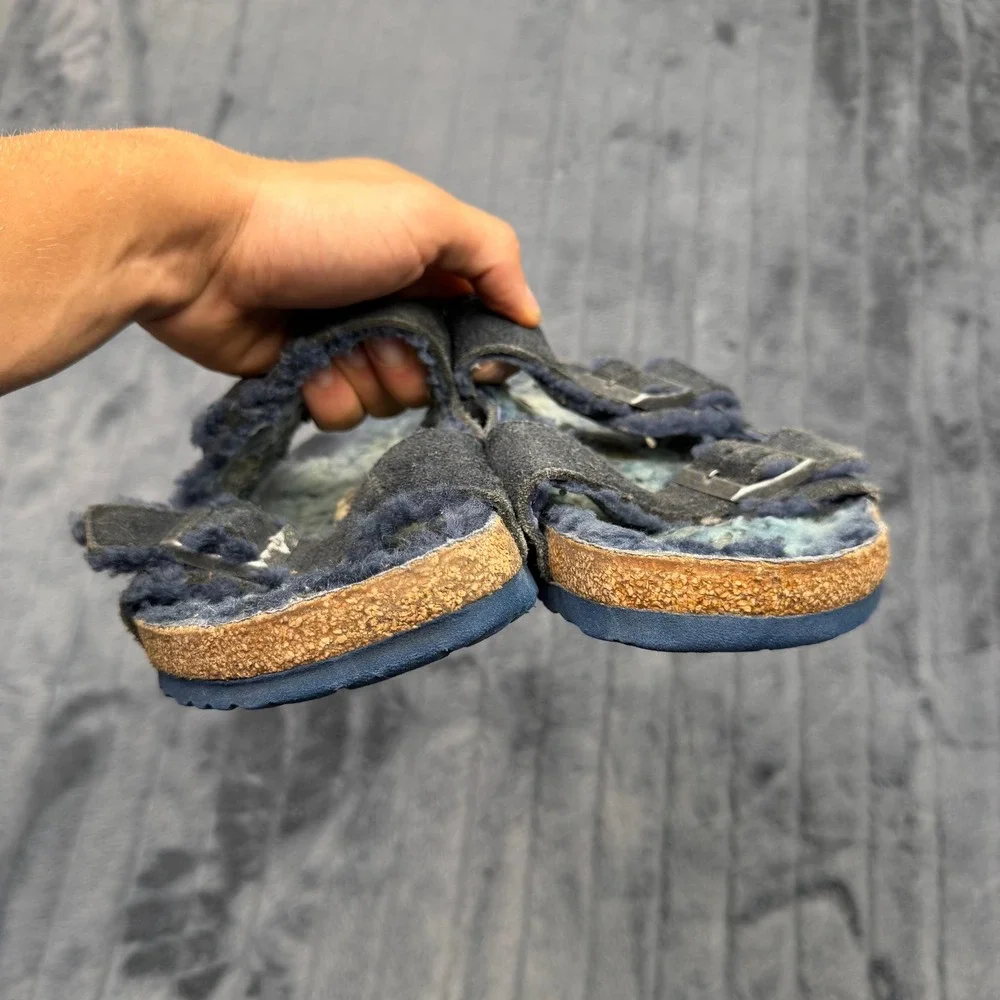 Birkenstock Arizona Shearling Navy Blue Suede Sandals Mens 43 L12 M10